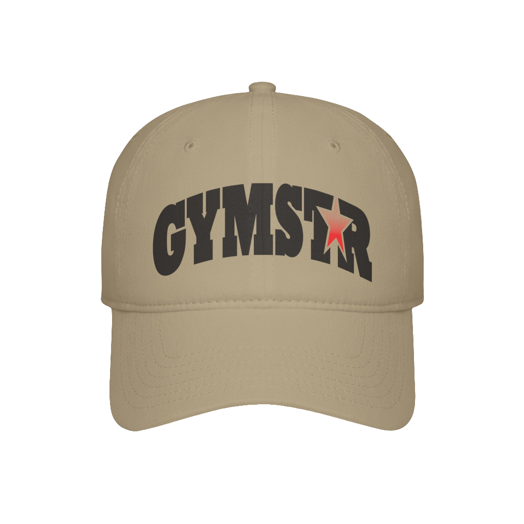 A beige Gymstar Fitness baseball cap with a structured design and a brand inscription on the front.