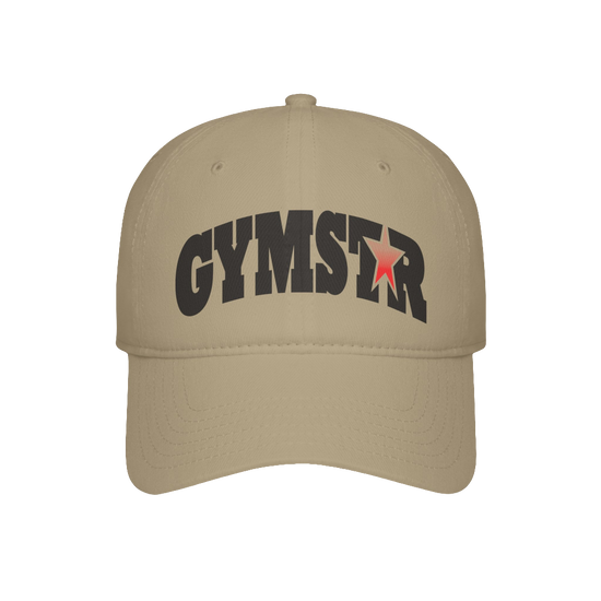 A beige Gymstar Fitness baseball cap with a structured design and a brand inscription on the front.
