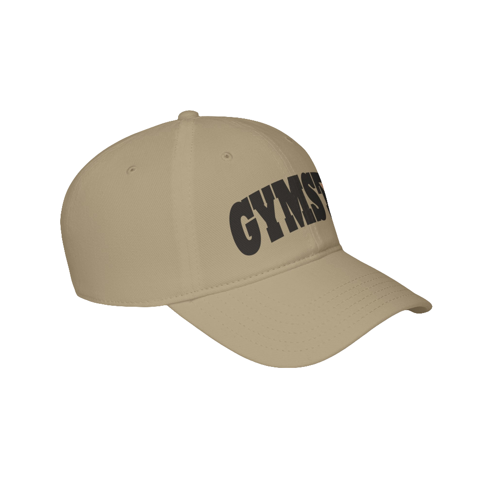 A beige Gymstar Fitness baseball cap with a structured design and a brand inscription on the left.