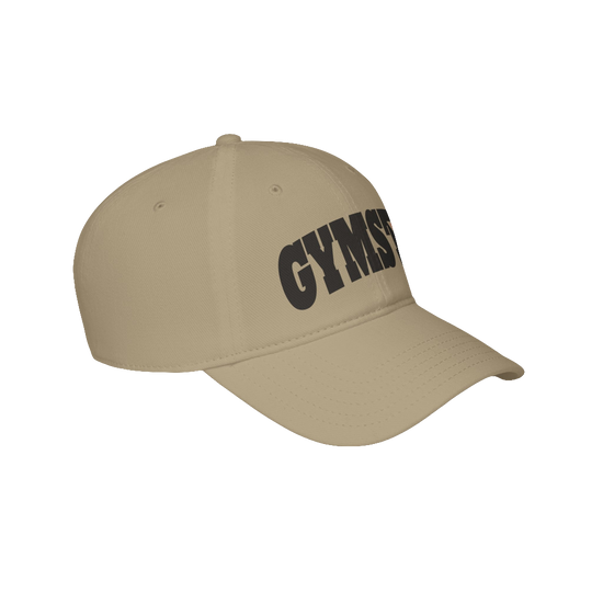 A beige Gymstar Fitness baseball cap with a structured design and a brand inscription on the left.
