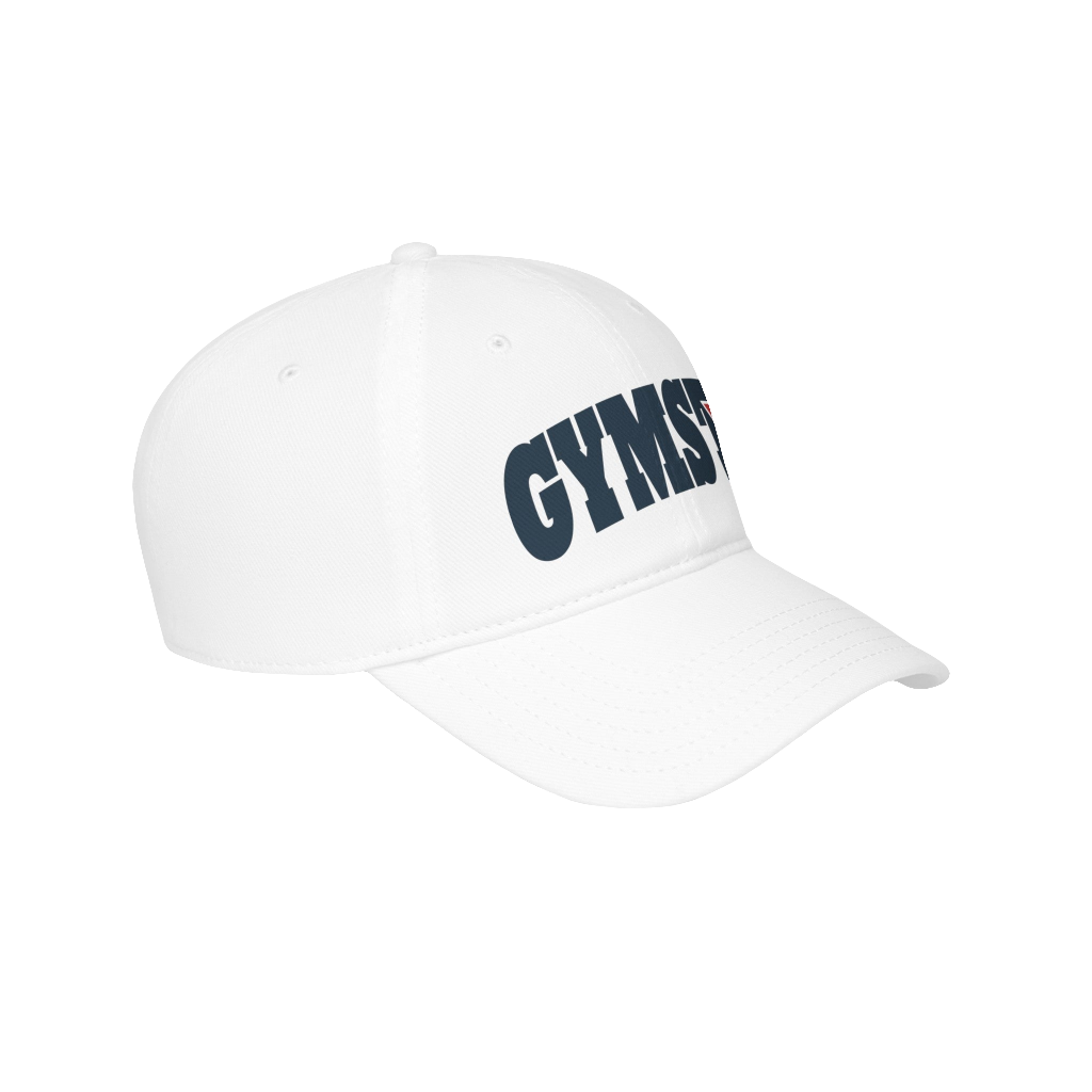 A white Gymstar Fitness baseball cap with a structured design and a brand inscription on the left.