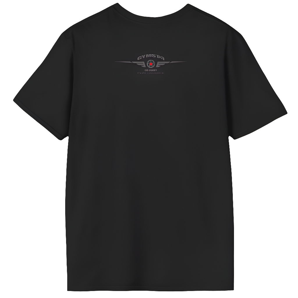 Black men's gym t-shirt from Gymstar with a striking back print. The sport-inspired design includes a grey emblem with "GYMSTAR" and "MILITARY" text, and a vibrant red star with wings as a central accent. This t-shirt is perfect for anyone looking for a combination of style and motivation during their workouts.