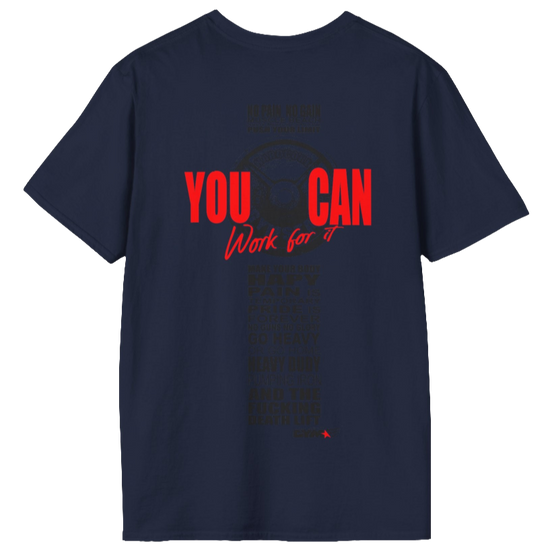 Unisex navy blue t-shirt from the Gymstar collection, specially designed for workouts. The back is adorned with a massive print that includes a barbell plate graphic element and bold red "YOU CAN" and "Work for it" lettering. The overall design is reinforced with a series of motivational phrases aimed at fitness enthusiasts.