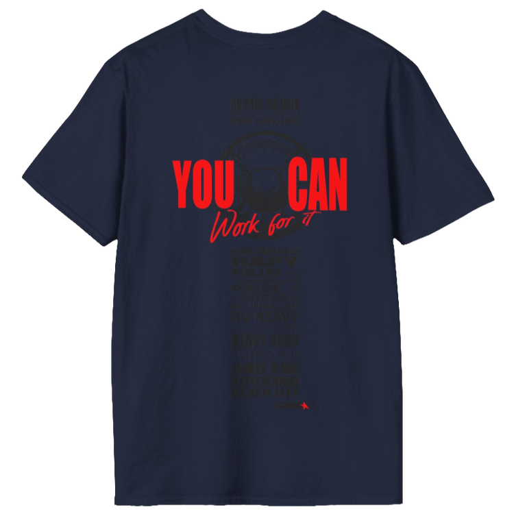 Unisex navy blue t-shirt from the Gymstar collection, specially designed for workouts. The back is adorned with a massive print that includes a barbell plate graphic element and bold red "YOU CAN" and "Work for it" lettering. The overall design is reinforced with a series of motivational phrases aimed at fitness enthusiasts.