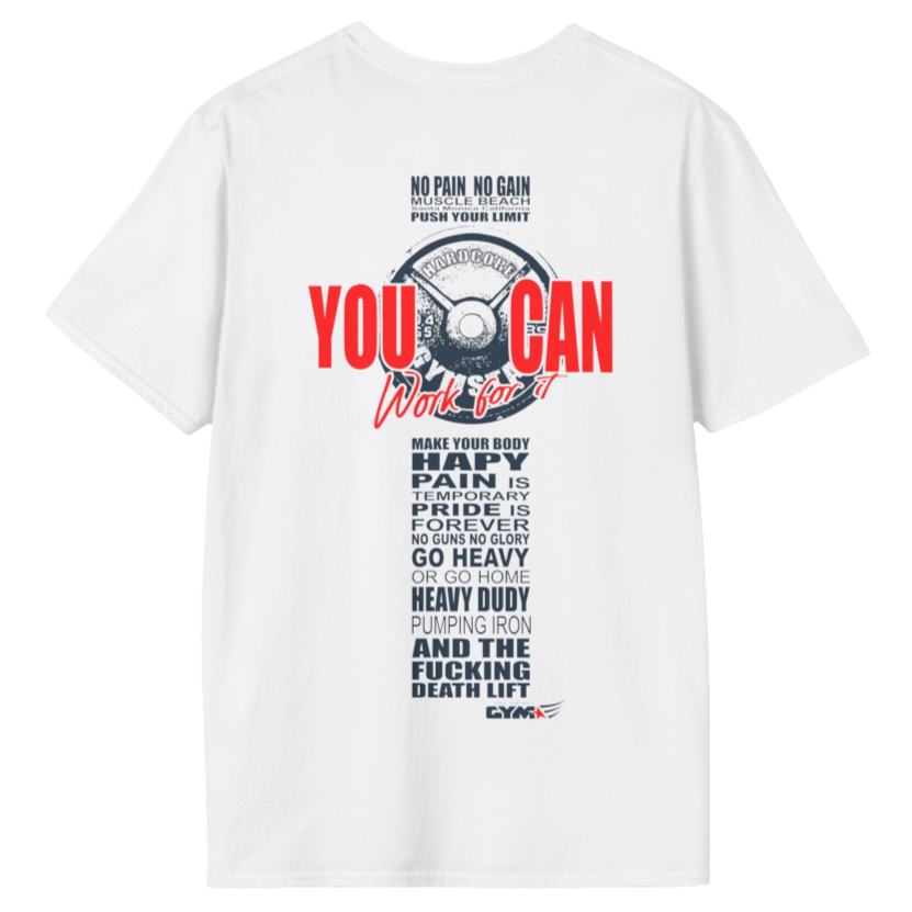 Unisex white-blue t-shirt from the Gymstar collection, specially designed for workouts. The back is adorned with a massive print that includes a barbell plate graphic element and bold red "YOU CAN" and "Work for it" lettering. The overall design is reinforced with a series of motivational phrases aimed at fitness enthusiasts.