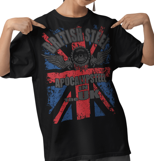 A person wearing a black Gymstar t-shirt with a graphic design including the British flag and text "British Steel Apocalipsteel in The UK", indicating a fitness or bodybuilding theme.