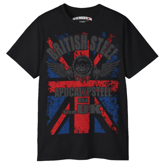 A men's black Gymstar t-shirt featuring a distressed Union Jack flag design. The text "BRITISH STEEL" is arched across the top in blue, with "APOCALYPSTEEL" below it, and "IN THE UK" at the bottom. A stylized circular saw barbel-blade with the words "HARDCORE" is at the center of the design, flanked by two winged, kettlebell-skulls. The overall design has a gritty, bodybuilding aesthetic.
