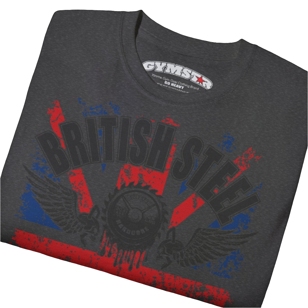 A men's dark grey Gymstar t-shirt featuring a distressed Union Jack flag design. The text "BRITISH STEEL" is arched across the top in blue, with "APOCALYPSTEEL" below it, and "IN THE UK" at the bottom. A stylized circular saw barbel-blade with the words "HARDCORE" is at the center of the design, flanked by two winged, kettlebell-skulls. The overall design has a gritty, bodybuilding aesthetic. Close up view.