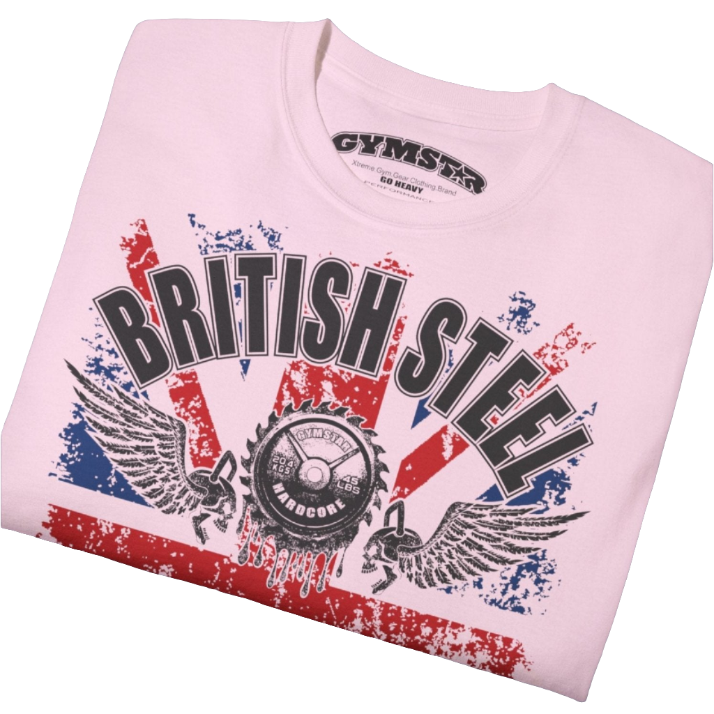 A men's pink Gymstar t-shirt featuring a distressed Union Jack flag design. The text "BRITISH STEEL" is arched across the top in blue, with "APOCALYPSTEEL" below it, and "IN THE UK" at the bottom. A stylized circular saw barbel-blade with the words "HARDCORE" is at the center of the design, flanked by two winged, kettlebell-skulls. The overall design has a gritty, bodybuilding aesthetic. Close up view.