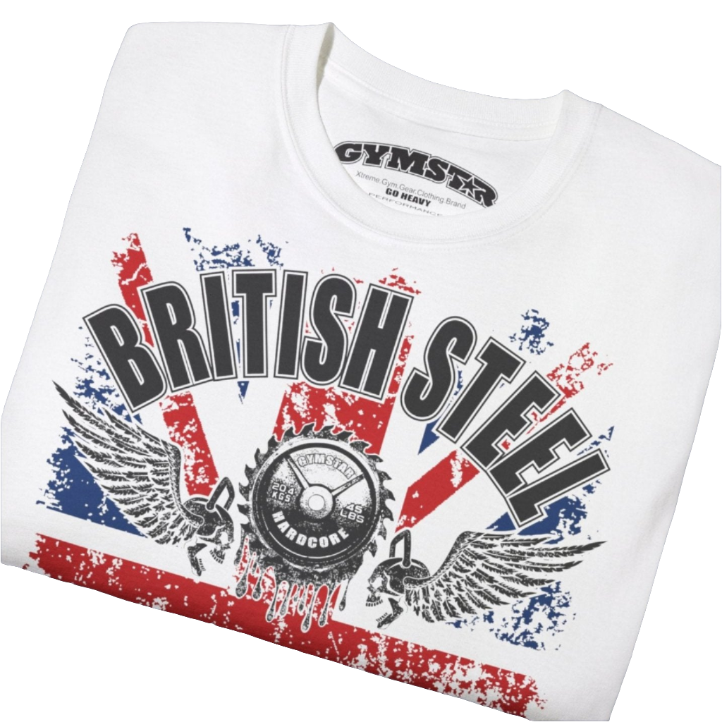 A men's white Gymstar t-shirt featuring a distressed Union Jack flag design. The text "BRITISH STEEL" is arched across the top in blue, with "APOCALYPSTEEL" below it, and "IN THE UK" at the bottom. A stylized circular saw barbel-blade with the words "HARDCORE" is at the center of the design, flanked by two winged, kettlebell-skulls. The overall design has a gritty, bodybuilding aesthetic. Close up view.
