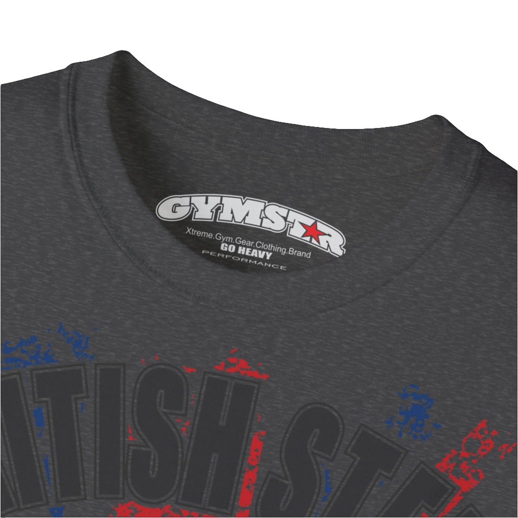 A men's dark grey Gymstar t-shirt featuring a distressed Union Jack flag design. The text "BRITISH STEEL" is arched across the top in blue, with "APOCALYPSTEEL" below it, and "IN THE UK" at the bottom. A stylized circular saw barbel-blade with the words "HARDCORE" is at the center of the design, flanked by two winged, kettlebell-skulls. The overall design has a gritty, bodybuilding aesthetic. Logo Close up view.