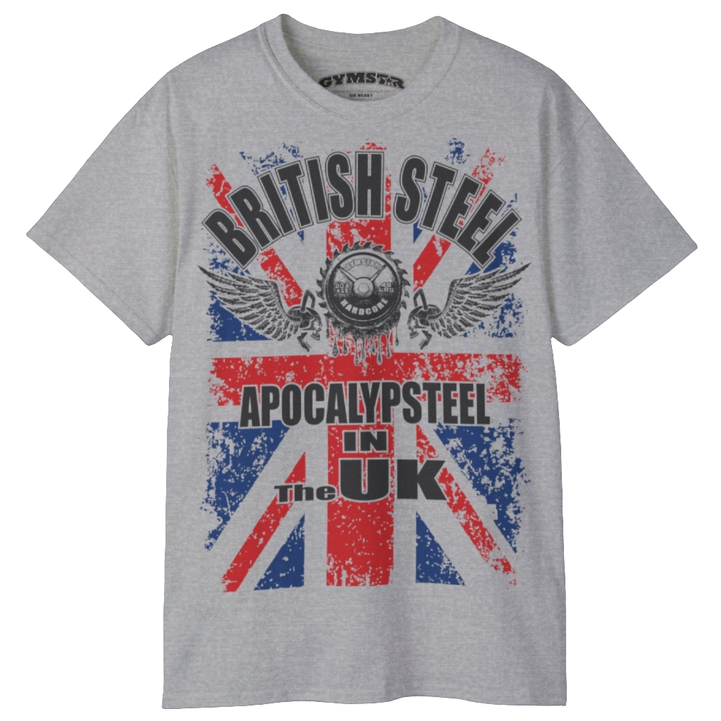 A men's silver grey Gymstar t-shirt featuring a distressed Union Jack flag design. The text "BRITISH STEEL" is arched across the top in blue, with "APOCALYPSTEEL" below it, and "IN THE UK" at the bottom. A stylized circular saw barbel-blade with the words "HARDCORE" is at the center of the design, flanked by two winged, kettlebell-skulls. The overall design has a gritty, bodybuilding aesthetic.