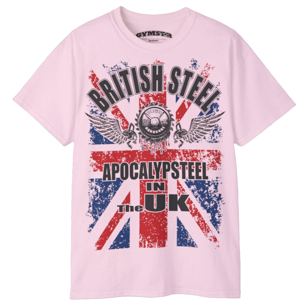 A men's pink Gymstar t-shirt featuring a distressed Union Jack flag design. The text "BRITISH STEEL" is arched across the top in blue, with "APOCALYPSTEEL" below it, and "IN THE UK" at the bottom. A stylized circular saw barbel-blade with the words "HARDCORE" is at the center of the design, flanked by two winged, kettlebell-skulls. The overall design has a gritty, bodybuilding aesthetic.