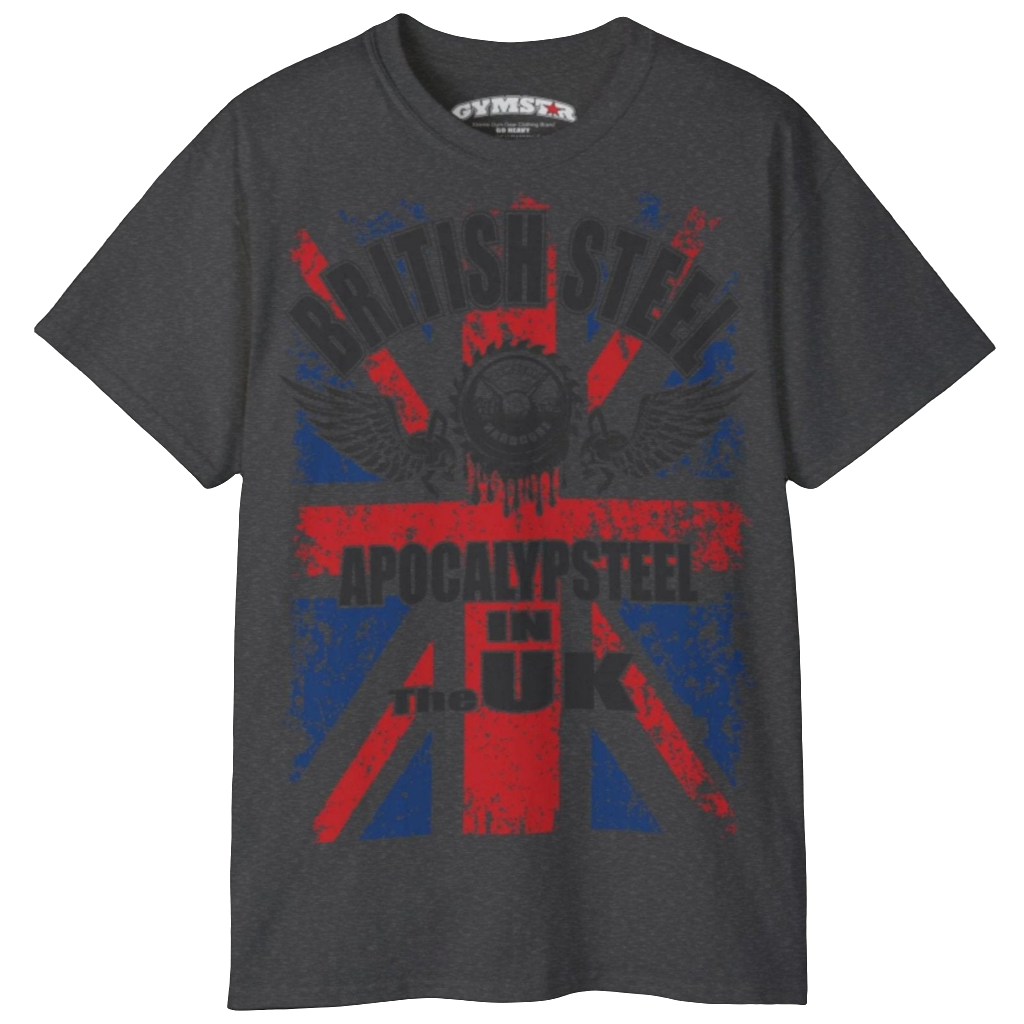 A men's dark grey Gymstar t-shirt featuring a distressed Union Jack flag design. The text "BRITISH STEEL" is arched across the top in blue, with "APOCALYPSTEEL" below it, and "IN THE UK" at the bottom. A stylized circular saw barbel-blade with the words "HARDCORE" is at the center of the design, flanked by two winged, kettlebell-skulls. The overall design has a gritty, bodybuilding aesthetic.