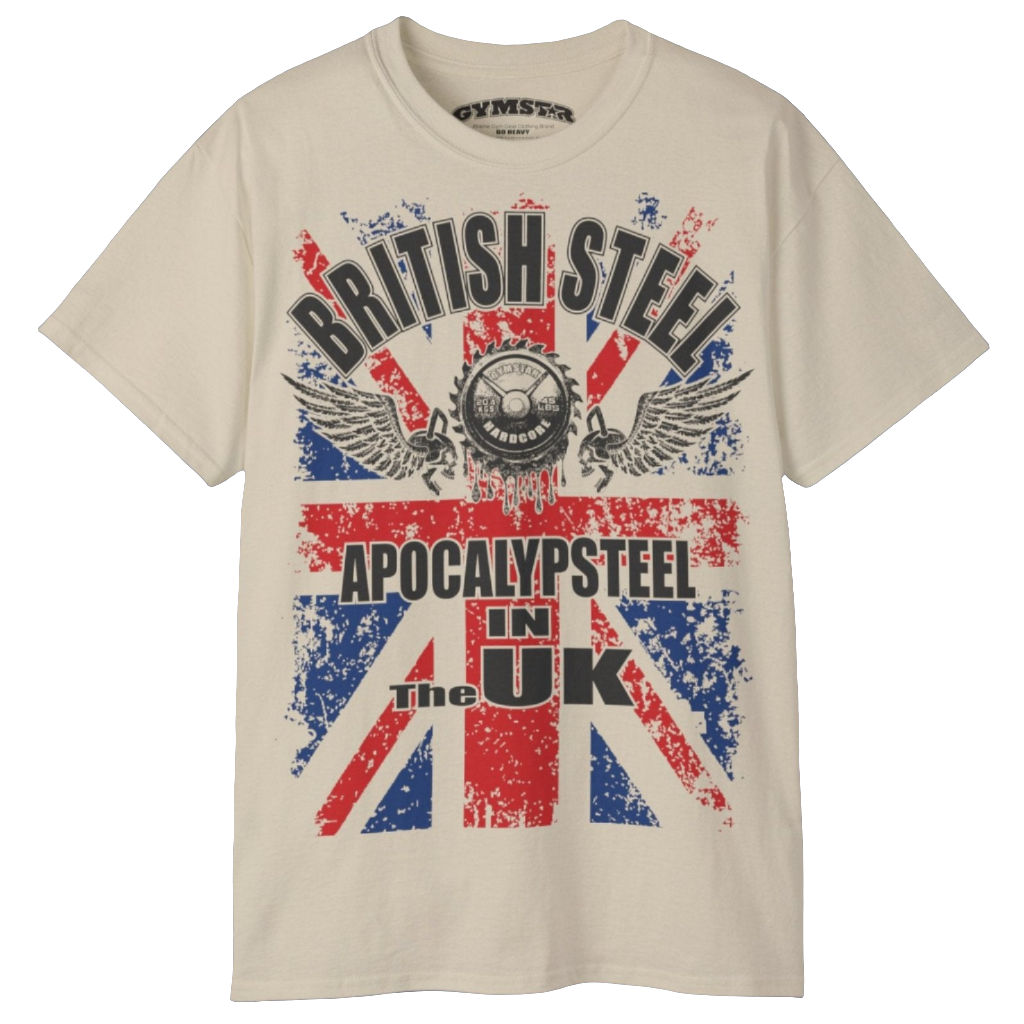 A men's beige Gymstar t-shirt featuring a distressed Union Jack flag design. The text "BRITISH STEEL" is arched across the top in blue, with "APOCALYPSTEEL" below it, and "IN THE UK" at the bottom. A stylized circular saw barbel-blade with the words "HARDCORE" is at the center of the design, flanked by two winged, kettlebell-skulls. The overall design has a gritty, bodybuilding aesthetic.