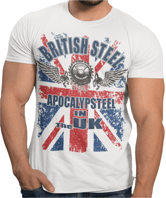 
A men's white t-shirt featuring a distressed Union Jack flag design. The text "BRITISH STEEL" is arched across the top in blue, with "APOCALYPSTEEL" below it, and "IN THE UK" at the bottom. A stylized barbell with the words "HARDCORE" is at the center of the design, flanked by two winged, horned kettlebell skulls. The overall design has a gritty, bodybuilding aesthetic.