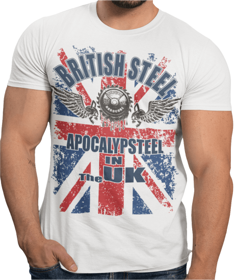 
A men's white t-shirt featuring a distressed Union Jack flag design. The text "BRITISH STEEL" is arched across the top in blue, with "APOCALYPSTEEL" below it, and "IN THE UK" at the bottom. A stylized barbell with the words "HARDCORE" is at the center of the design, flanked by two winged, horned kettlebell skulls. The overall design has a gritty, bodybuilding aesthetic.