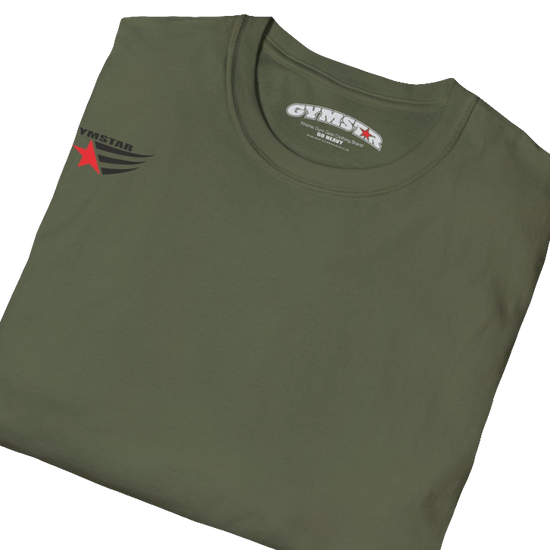 A military green short-sleeved motivation t-shirt Gymstar designed for fitness. It features a small logo on the left chest, which consists of a red star and three black stripes. Close up view.