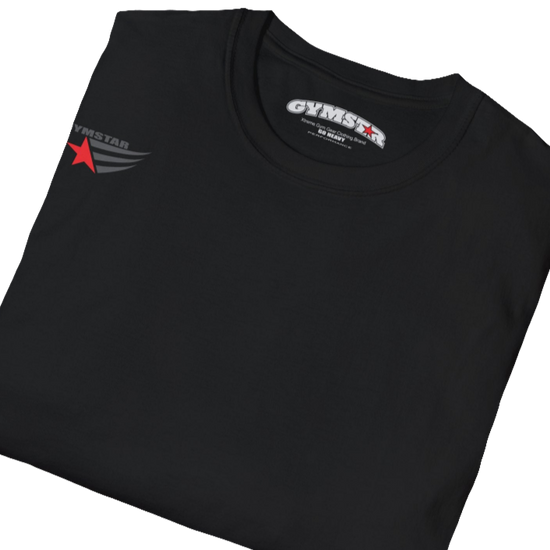 A black short-sleeved motivation t-shirt Gymstar designed for fitness. It features a small logo on the left chest, which consists of a red star and three black stripes. Close up view.