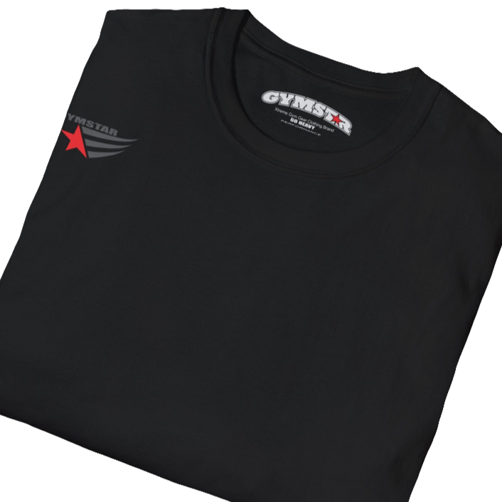 A black short-sleeved motivation t-shirt Gymstar designed for fitness. It features a small logo on the left chest, which consists of a red star and three black stripes. Close up view.