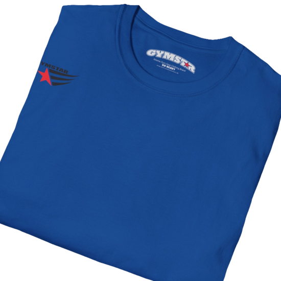 A blue short-sleeved motivation t-shirt Gymstar designed for fitness. It features a small logo on the left chest, which consists of a red star and three black stripes. Close up view.