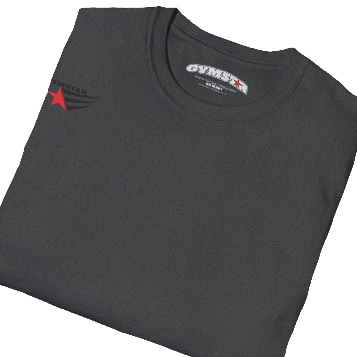 A blue short-sleeved motivation t-shirt Gymstar designed for fitness. It features a small logo on the left chest, which consists of a red star and three black stripes. Close up view.