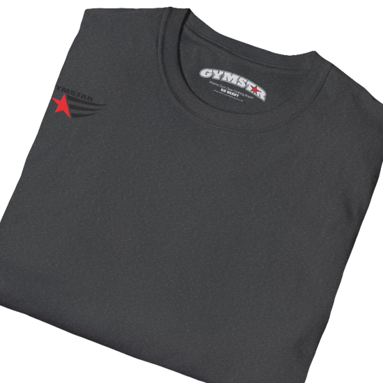 A blue short-sleeved motivation t-shirt Gymstar designed for fitness. It features a small logo on the left chest, which consists of a red star and three black stripes. Close up view.