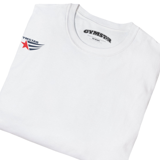 A white short-sleeved motivation t-shirt Gymstar designed for fitness. It features a small logo on the left chest, which consists of a red star and three black stripes. Close up view.