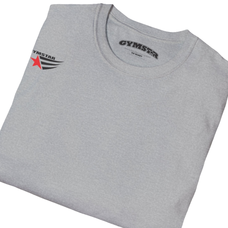 A silver grey short-sleeved motivation t-shirt Gymstar designed for fitness. It features a small logo on the left chest, which consists of a red star and three black stripes. Close up view.