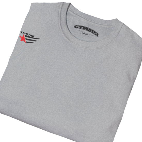 A silver grey short-sleeved motivation t-shirt Gymstar designed for fitness. It features a small logo on the left chest, which consists of a red star and three black stripes. Close up view.