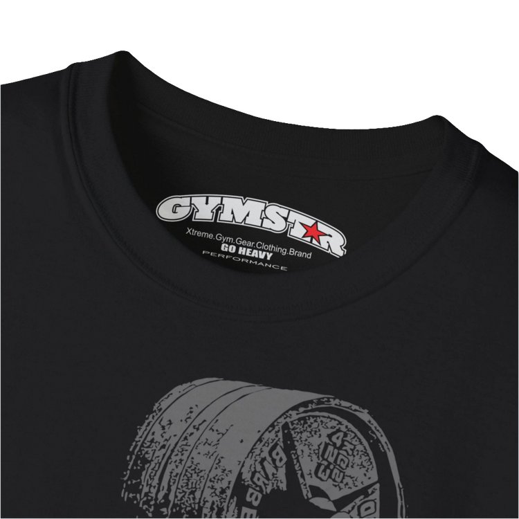 A men's black short-sleeved t-shirt  Gymstar designed for fitness. The brand tag is also visible on the inner neck. Close up view.