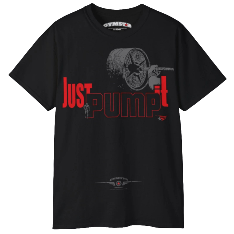 A men's black short-sleeved t-shirt  Gymstar designed for fitness. The front features a large graphic with a barbell and the text "Just PUMP it" in a mix of red and gray fonts. Below the main graphic, there is a smaller logo with a star and wings, and the "GYMSTAR" brand name. The brand tag is also visible on the inner neck.