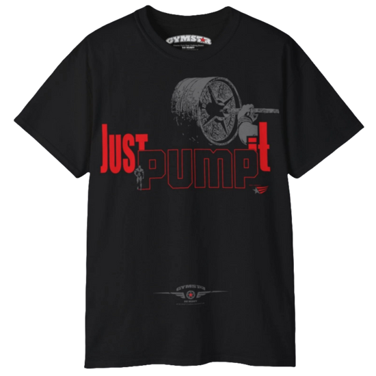 A men's black short-sleeved t-shirt  Gymstar designed for fitness. The front features a large graphic with a barbell and the text "Just PUMP it" in a mix of red and gray fonts. Below the main graphic, there is a smaller logo with a star and wings, and the "GYMSTAR" brand name. The brand tag is also visible on the inner neck.
