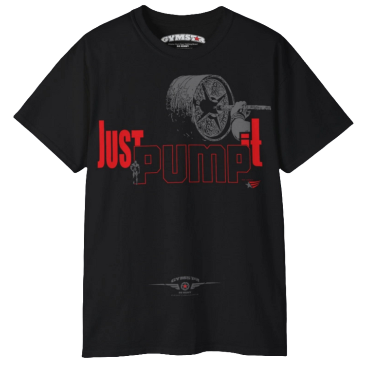 A men's black short-sleeved t-shirt  Gymstar designed for fitness. The front features a large graphic with a barbell and the text "Just PUMP it" in a mix of red and gray fonts. Below the main graphic, there is a smaller logo with a star and wings, and the "GYMSTAR" brand name. The brand tag is also visible on the inner neck.