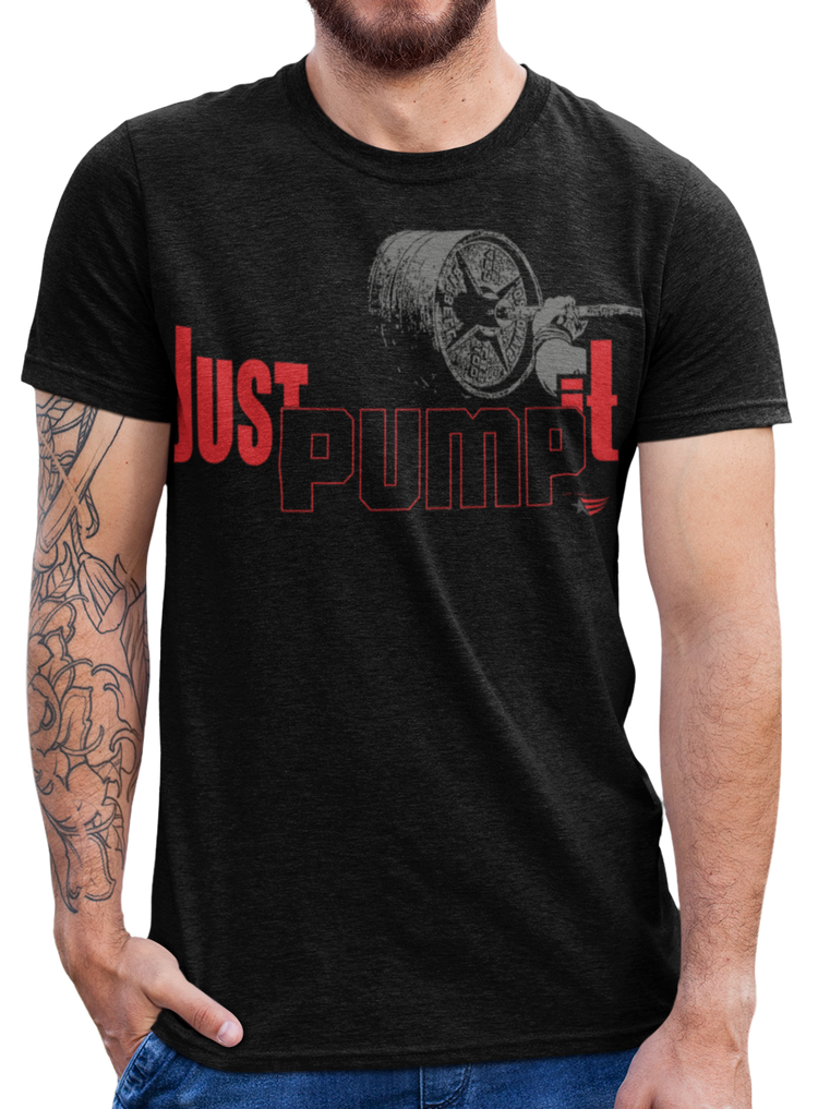 А man wearing sporty, black cotton Gymstar fitness t-shirt Just Pump It with a motivating design of a hand holding a barbell. Close-up front view.