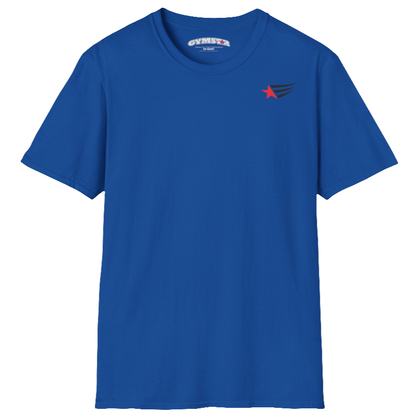 A men's blue short-sleeved t-shirt Gymstar designed for fitness. It features a small logo on the left chest, which consists of a red star and three black stripes. 