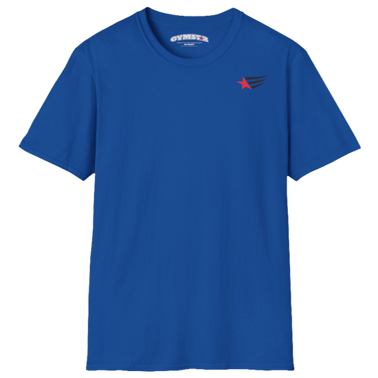 A men's blue short-sleeved t-shirt Gymstar designed for fitness. It features a small logo on the left chest, which consists of a red star and three black stripes. 