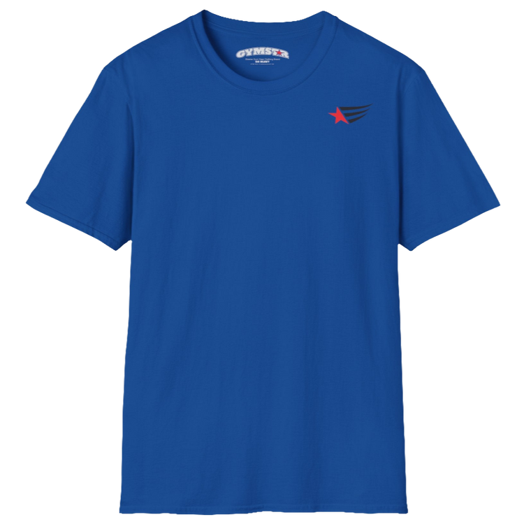 A men's blue short-sleeved t-shirt Gymstar designed for fitness. It features a small logo on the left chest, which consists of a red star and three black stripes. 