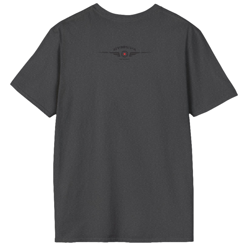 A men's solid dark grey short-sleeved t-shirt Gymstar designed for fitness. The back of the shirt features a logo on the upper back, which includes a red star, two sets of wings, the text "GYMSTAR," and the tagline "GO HEAVY PERFORMANCE."