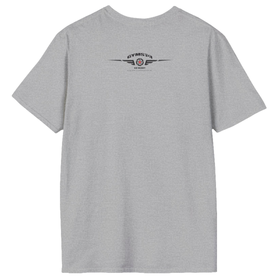 A men's solid silver grey short-sleeved t-shirt Gymstar designed for fitness. The back of the shirt features a logo on the upper back, which includes a red star, two sets of wings, the text "GYMSTAR," and the tagline "GO HEAVY PERFORMANCE."