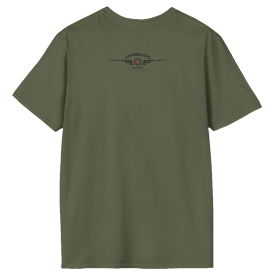 A men's solid military green short-sleeved t-shirt Gymstar designed for fitness. The back of the shirt features a logo on the upper back, which includes a red star, two sets of wings, the text "GYMSTAR," and the tagline "GO HEAVY PERFORMANCE."