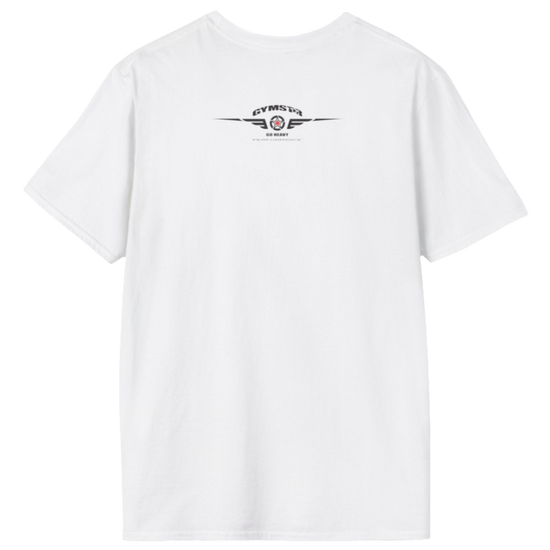 A men's solid white short-sleeved t-shirt Gymstar designed for fitness. The back of the shirt features a logo on the upper back, which includes a red star, two sets of wings, the text "GYMSTAR," and the tagline "GO HEAVY PERFORMANCE."