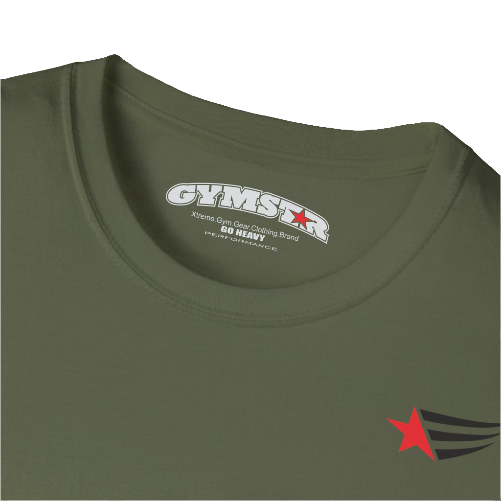 A men's military green short-sleeved t-shirt Gymstar designed for fitness. It features a small logo on the left chest, which consists of a red star and three black stripes. Close up view.