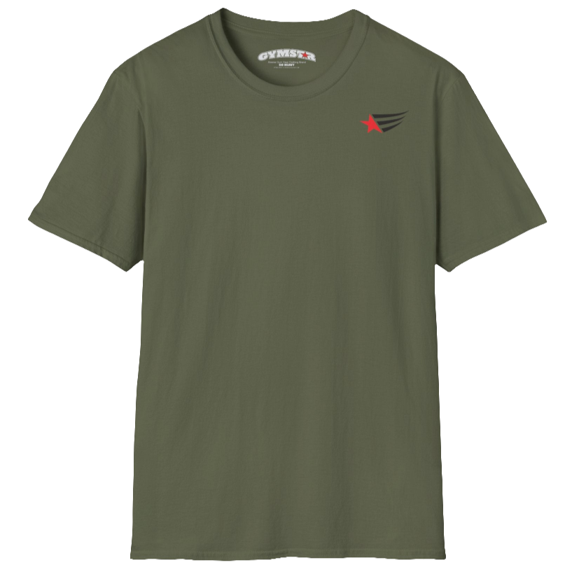 A men's military short-sleeved t-shirt Gymstar designed for fitness. It features a small logo on the left chest, which consists of a red star and three black stripes. 