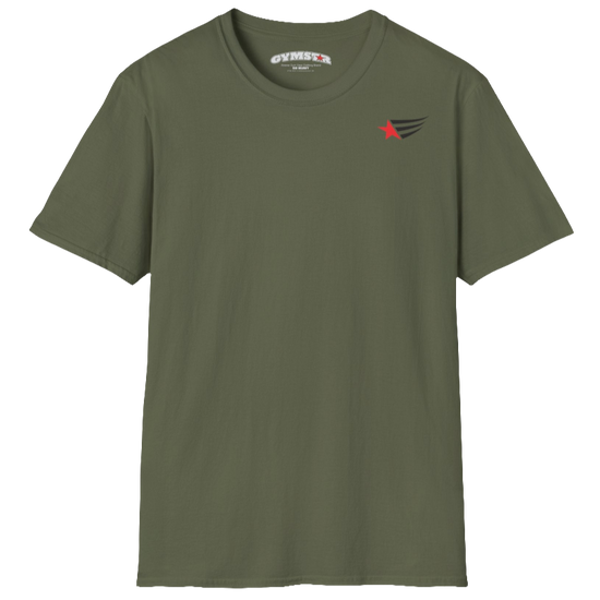 A men's military short-sleeved t-shirt Gymstar designed for fitness. It features a small logo on the left chest, which consists of a red star and three black stripes. 