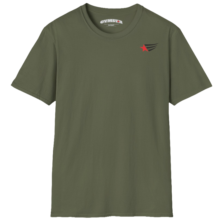 A men's military short-sleeved t-shirt Gymstar designed for fitness. It features a small logo on the left chest, which consists of a red star and three black stripes. 