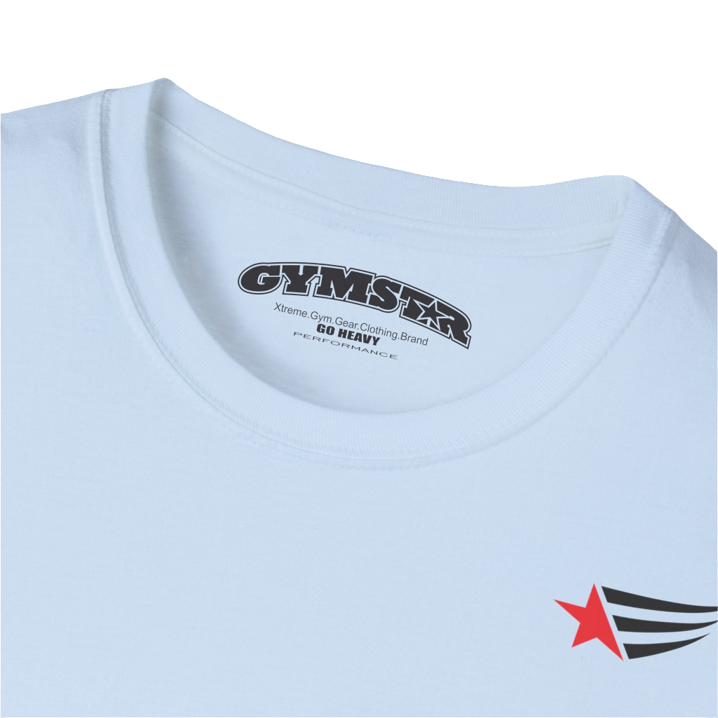 A men's light blue short-sleeved t-shirt Gymstar designed for fitness. It features a small logo on the left chest, which consists of a red star and three black stripes. Close up view.