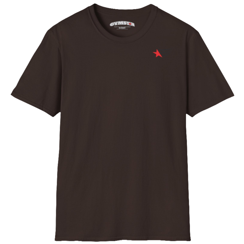 A men's brown short-sleeved t-shirt Gymstar designed for fitness. It features a small logo on the left chest, which consists of a red star and three black stripes. 