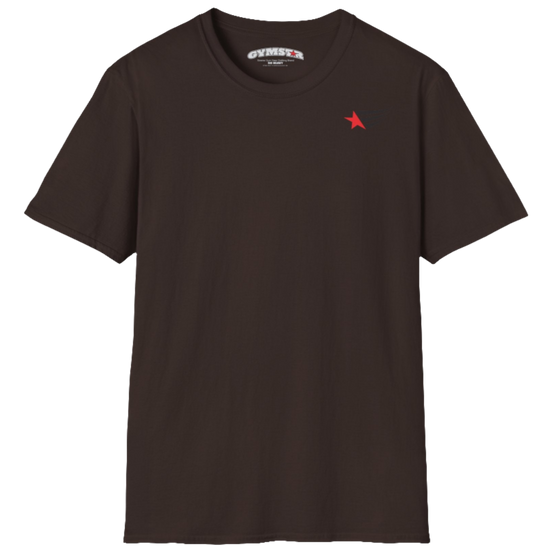 A men's brown short-sleeved t-shirt Gymstar designed for fitness. It features a small logo on the left chest, which consists of a red star and three black stripes. 