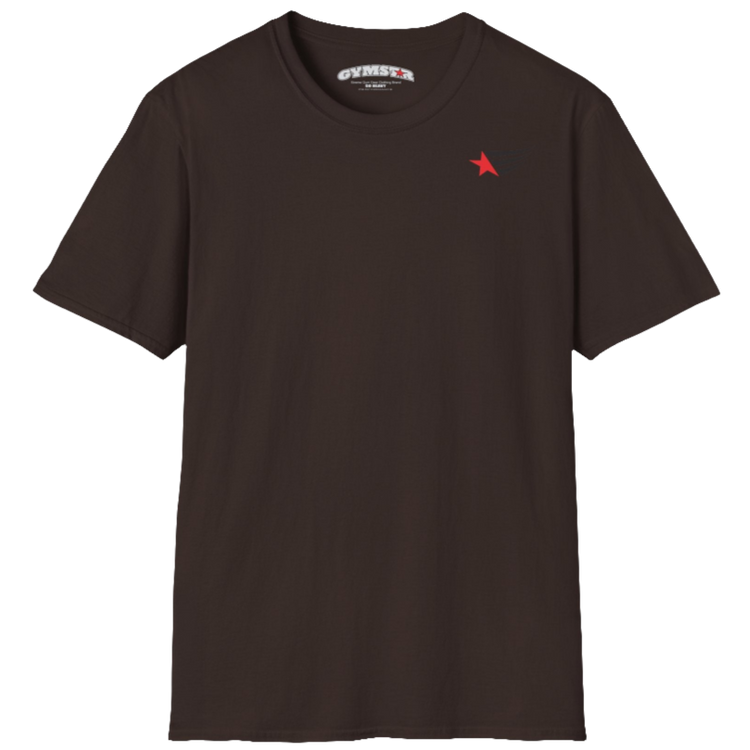 A men's brown short-sleeved t-shirt Gymstar designed for fitness. It features a small logo on the left chest, which consists of a red star and three black stripes. 
